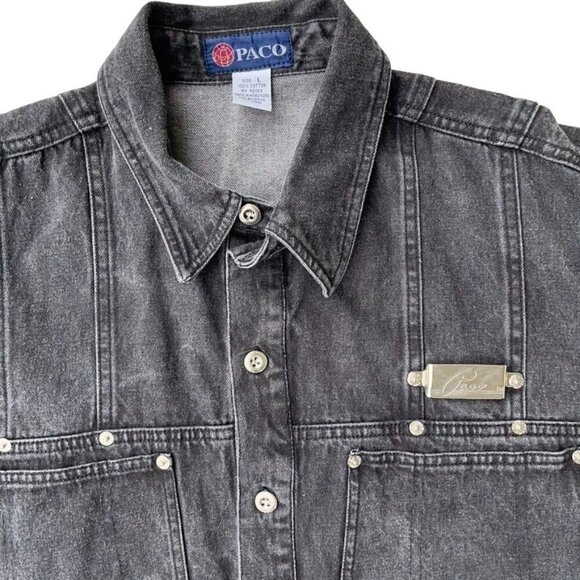 1990s Paco Rabanne LARGE Distressed Gray Denim Baggy Big Pocket Shirt Jacket - Picture 3 of 8